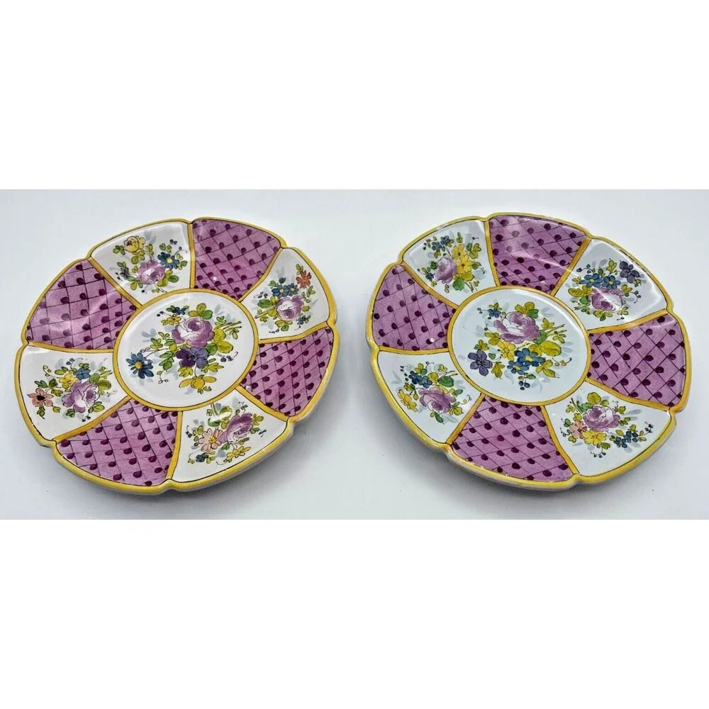 Veuve Perrin France Faience Marseille Plates Hand Painted Floral Set of 2 Signed